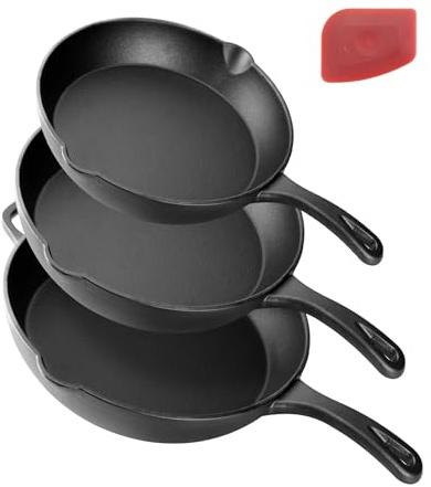 CUISGUSTO 3-Piece Cast Iron Skillet Set (6 8 10) Pre-Seasoned Non-Stick Frying Pan Trio, Complete Starter Kitchen System, Versatile Oven Safe Cookware