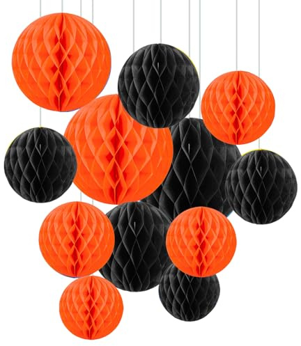 ZYOOO 12pcs Paper Honeycomb Balls, 15/25cm Tissue Paper Hanging Balls for Birthday Party,Autumn,Graduation,Halloween Decorations (Orange,Black)