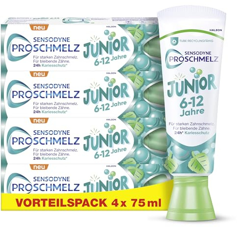 Zahnpasta - Sensodyne ProSchmelz Junior, Zahncreme Kinder für 6-12 Jahre, für die bleibenden Zähne, für starken Zahnschmelz und zum Schutz vor Zuckersäuren, 4x75ml