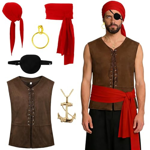 CHENBOOW Costume da Pirata da Uomo,6 Pezzi Costume Pirata Adulto,Accessori Pirata,Costumi da Pirata,Pirati Senza Maniche,Costume di Carnevale,per Halloween Carnevale Adulti Gioco di Ruolo