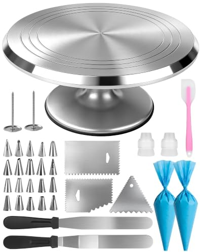 Tårttallrik, roterbar, 30 cm av aluminium, tårttallrik, med 360° rotation, tårttillbehör, set med spritstyllar, tårtdekoration, set, kakverktyg, tårtskiva, tårttallrik, vridbar tårttallrik för