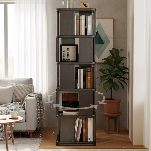 360° roterande massivt trä Boohelf (gummiträ) – svart hörnstativ hylla platsbesparande nizer för vardagsrum kontor och barnrum 40 x 40 cm 5-nivådesign.