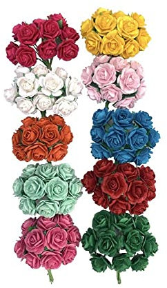 WADSUWAN SHOP 100 Pcs Artificial Mulberry Paper Rose Flower Wedding Scrapbook 1.8cm DIY Craft Scrapbook Scrapbooking Bouquet Craft Stem Mini Roses (10 Colors)