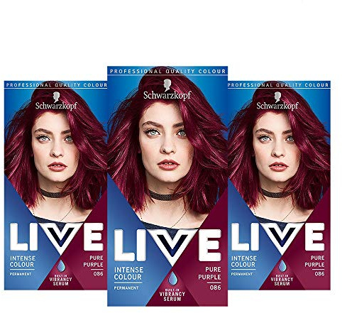 Schwarzkopf Live Intense Colour Purple Hair Dye, 3-Pack Permanent Colour with Vibrancy Serum, 086 Pure Purple