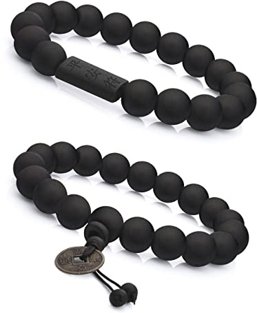 FIBO STEEL 2Pcs 11mm Wood Beaded Bracelet for Men Buddhist Beads Elastic