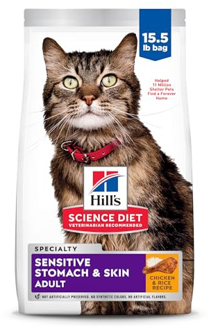 Hill's Science Diet Adult Sensitive Stomach & Skin Dry Cat Food, Chicken & Rice, 15.5 lb. Bag (Updated Formula)