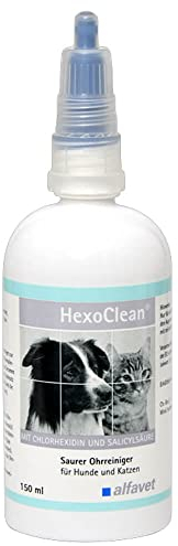 Alfavet HexoClean saurer Ohrreiniger für Hund und Katze mit ohrfreundlichem Weichgummiapplikator, Chlorhexidin und Salicylsäure, 150ml Plastikflasche