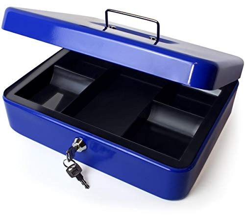 iGadgitz Home U7173 Petty Cash Box with Keys and Coin Tray, Petty Cash Tin, Money Tin -Blue -12 (30cm)