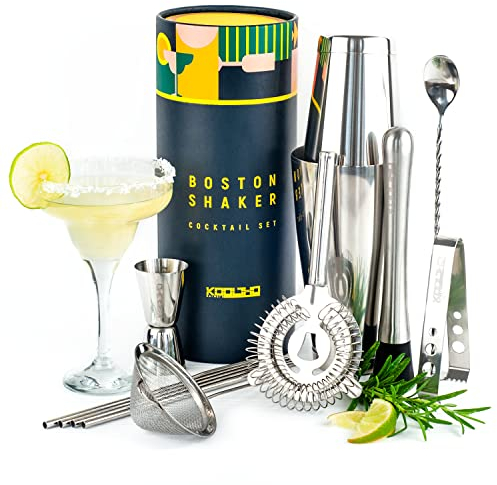 Shaker Boston Professionnel Kit Barman, Coffret Cadeau Original Personnalisable Femme Homme Couple, Set Cocktail Mojito avec Accessoires Bar, Shakers INOX Tin on Tin, Service Cocktails Complet Pro