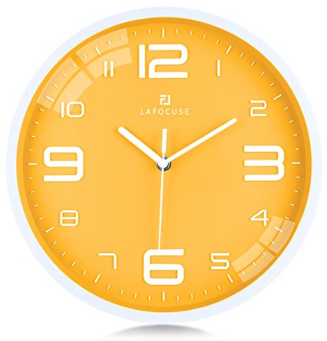 Lafocuse 30cm Reloj de Pared Amarillo Limón Silencioso, Números 3D Grande Moderno, sin Tic TAC Decorativo Cocina Dormitorio Salon