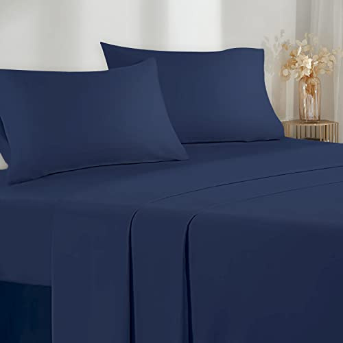 Poligino Lenzuola Matrimoniali 160x190/200cm - Completo Lenzuola 4 Pezzi in Microfibre - Lenzuolo con Angoli - Lenzuola Sopra - 2 Federa 50x80 - Blu