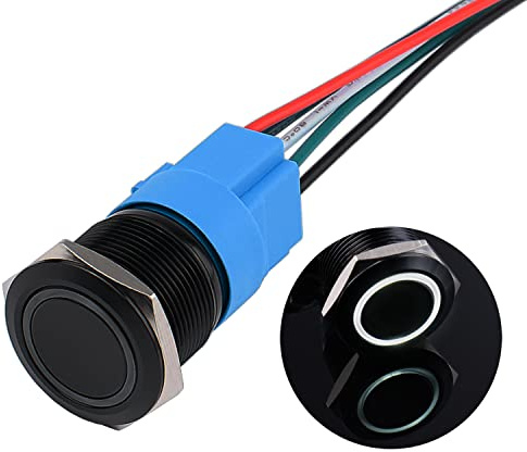 JIQI 22mm Interruttore a pulsante a scatto da 12V a 24V 5A IP66 1NO 1NC Interruttore a pulsante in metallo nero a scatto impermeabile Pulsante a scatto on/off precablato illuminato a LED (Bianco)