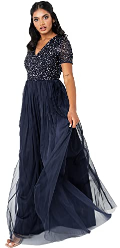 Maya Deluxe Damen Ballkleid Abendkleid V-Ausschnitt Maxi Länge Pailletten Kurze Ärmel Für Hochzeit Geburtstag Brautjungfer Bridesmaid Dress, Navy, 42 EU