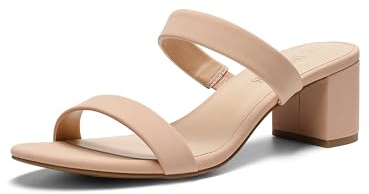 DREAM PAIRS Women's Two Strap Open Toe Low Block Chunky Heels Sandals Dress Pumps Casual Summer Mules Shoes,Size 5,Nude-Nubuck,DHS213-1