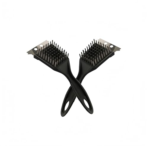 Cepillo para barbacoa, 2 unidades, 3 en 1, de acero inoxidable, con rascador, cepillo de limpieza para barbacoa con cerdas extralargas de acero inoxidable y mango de aislamiento térmico de