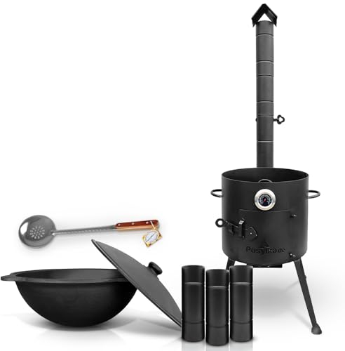 Termómetro de 36 cm de diámetro para estufa, extensión de chimenea, 3 unidades x 25 cm, cacerola de hierro fundido, base redonda con tapa, diámetro de 36,7 cm (10 L), cuchara espumosa de 48 cm,