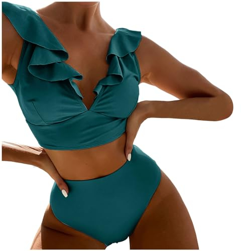 Neuer mehrfarbiger, gerüschter, geteilter Badeanzug mit V-Ausschnitt hoher Taille, geteilter Bikini für Damen Fliegeruhr (AG, L)