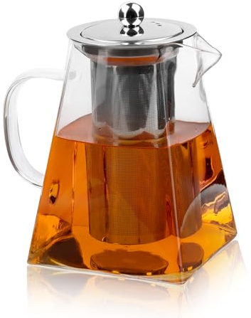 Tetera de Vidrio Transparente, 1000ml con Filtro y Tapa de Acero Inoxidable, Regalo de Tetera de Cristal