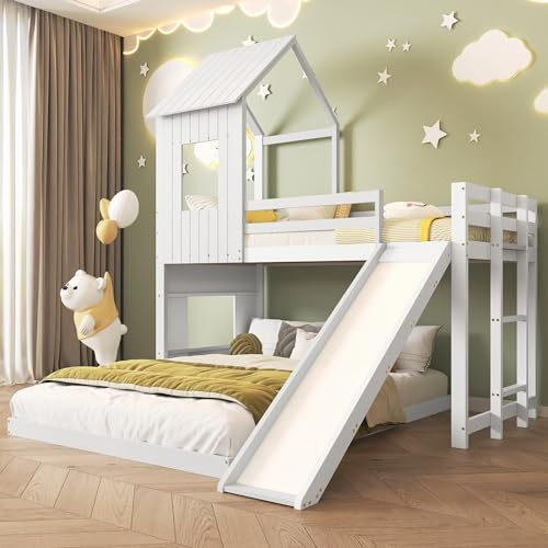 FEZTOY Kinderbett Etagenbett 90×200 & 140×200 mit Rutsche, Hochbett Doppelbett mit Dach für 3 Kinder, Holzbett mit Rausfallschutz und Lattenrost, Ohne Matratze