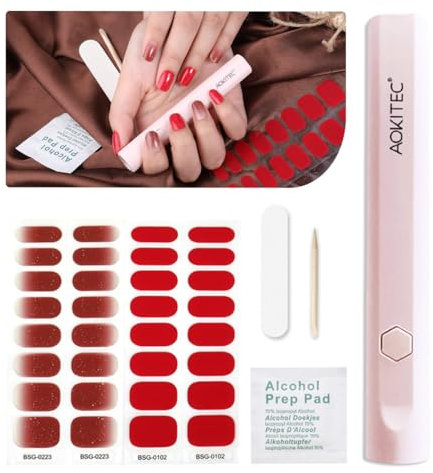 Aokitec Ongles Autocollants Adhésifs avec lumière UV, 32 pcs Ongles en Gel UV Semi Durci, Vernis Autocollant Ongles UV longue durée avec lampe UV pour nail art DIY, Rouge