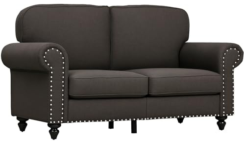 HOMCOM 2 Seater Sofa, Fabric Sofa Couch with Nailhead Trim Rolled Arm and Slatted Wood Frame, Upholstered Loveseat Settee for Living Room, Bedroom, Home Office, Dark Brown