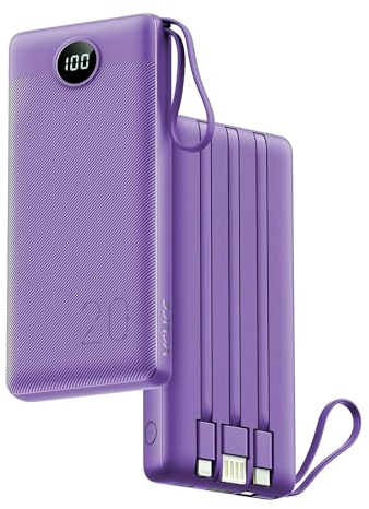 VRURC Power Bank con Cables Incorporados 20000mAh, 22.5W Carga Rápida USB C Power Bank, Pantalla LED Carga con 4 Salidas 2 Entradas para iPhone 15/14/13/Pro, Samsung, Android-Púrpura