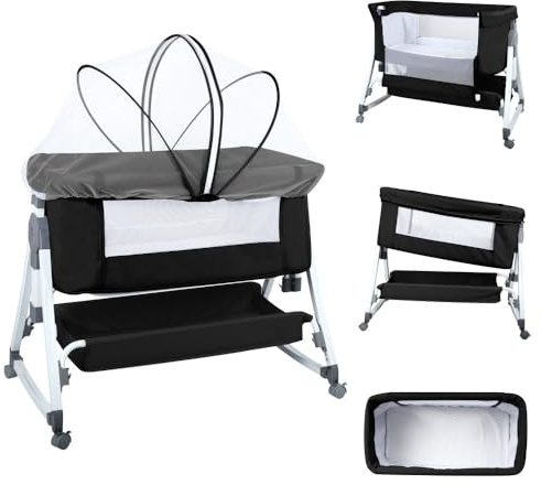 OHMG Sidosäng, babyvagga, 3-i-1-babyvagga för nyfödda, gungsängar för hem och på vägen med hjul, justerbara 6 höjder (svart (80 x 40 x 100 – 115 cm))