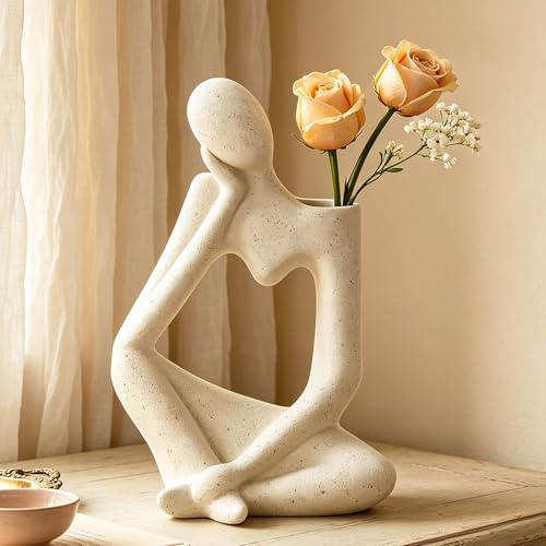 Arawat Vaso decorativo per soggiorno, moderno, in ceramica, bianco, scultura per erba della pampa, vaso per fiori estetico, vaso a tulipano, regalo nordico, per matrimonio, 19 cm, beige