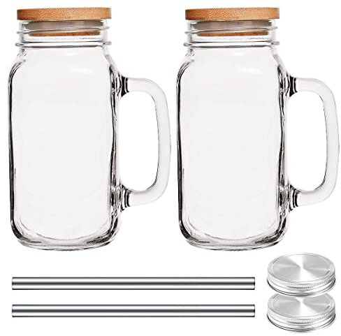 JETHMA Mason Jars with Lids and Straws,2 Set Iced Coffee Cup with Handles,24oz/700ml, Glass Mason Drinking Jars Bottles,Drinking Glasses Tumbler Reusable Cups
