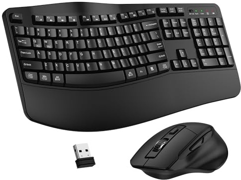 Wireless Keyboard and Mouse Combo, 2.4G Full Size Wave Keys Ergonomic Keyboard with Wrist Rest and 3-Level DPI Adjustable Wireless Ergonomic Mouse for Windows, Mac OS Desktop/Laptop/PC(Black)