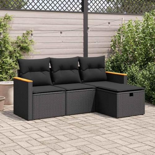 IKAYAA Muebles Jardin Exterior con Almacenamiento de Ratán 4 Piezas, Muebles de Terraza, Muebles de Jardín, Sofa Exterior de Ratán, Sofá Jardín, Conjunto Terraza con Cojines Negro