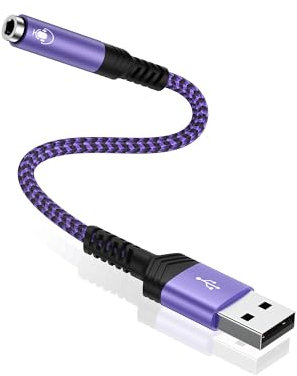 USB to Audio Jack Adapter, External USB Sound Card Dongle, Braided 3.5mm TRRS Aux to Type A Converter for Headphones, Speaker, PC, Laptop, MacBook Pro/Air, PS4, PS5, Windows, Linux, Docking Station