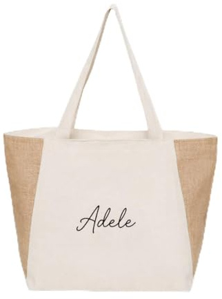 love print Borsa da spiaggia personalizzata in materiale juta con manici in corda laminato 300g/m², chiusura con zip, inserti laterali in juta, manici piatti cm 3,2x60. Dimensioni: cm 34x50x14