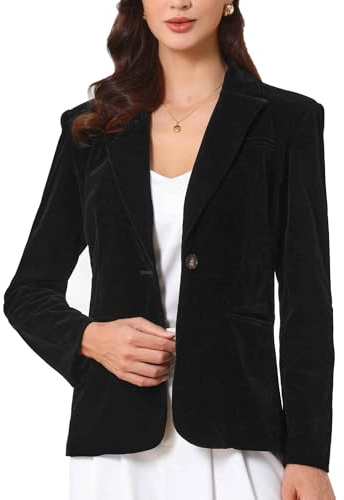 Allegra K Blazer de terciopelo para mujer, manga larga, solapa con muesca, botones, vintage, para el trabajo, la oficina, con bolsillos, Negro, M