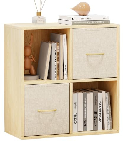 EXPERLAM 4 Cube Storage Organizer - Solid Wood Bookshelf with 2 Storage Bins, Cube Shelf with 2 Removable Back Panels, Vertical or Horizontal Bookcase, Open Book Shelf for Bedroom, Living Room, Office