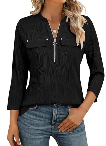 Gemulate Womens Zip Blouses 3/4 Sleeve Tops Ladies V Neck Shirts | Plain Color Casual Office Work Tunic S-XXL