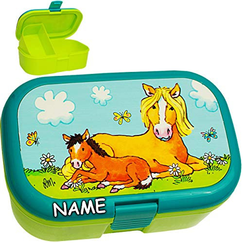 alles-meine.de GmbH Lunchbox/Brotdose - Pferde & Pony - inkl. Name - BPA frei - mit extra Einsatz/herausnehmbaren Fach - Brotbüchse Küche Essen - Vesperbrotdose - Schule ..
