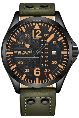 Stuhrling Original Herren Lederuhr Fliegeruhr Schnellschaltung Tag/Datum Lederarmband mit Stahlnieten in Grün