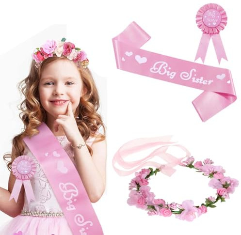 Set di 3 accessori per sorella maggiore, include fascia in raso Big Sister, spilla e corona di fiori per baby shower (rosa)