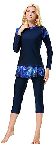 Wowdecor 2 Pieces Modest Swimsuits Skirt for Women Fully Covered Swimsuits Capri Pants Swimsuit Burkini Navy Blue