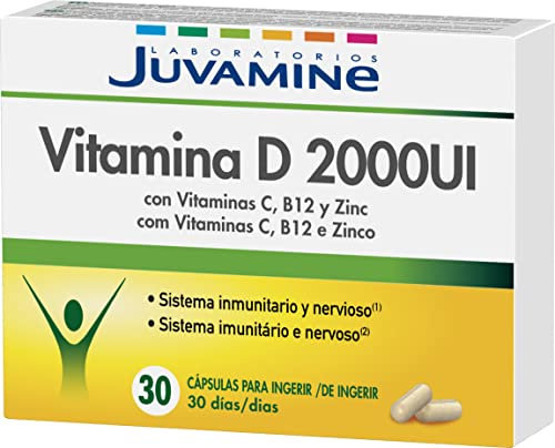 JUVAMINE - Vitamina D 2000UI con Vitaminas C, B12 y Zinc - 30 Cápsulas - Refuerzo del Sistema Inmunitario y Nervioso - Reduce el Cansancio - Energía y Bienestar Diario