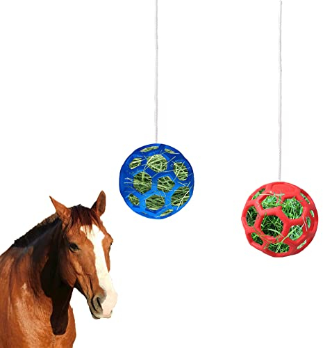 WoYous 2 Stuck Pferde Leckerli Ball Für Pferde Set, Hängende Heu Das Füttern Verlangsamen, Pferde Futterball Spielzeug Für Pferde, Ziegen, Schafe, (blau und Rot)
