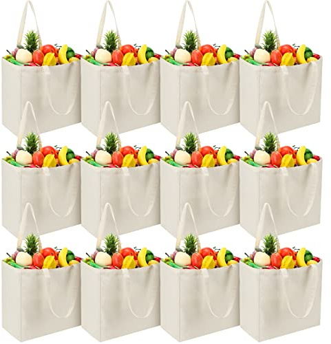 Reginary 12 Pack Canvas Grocery Bag Large Blank Shopping Tote Bags Reusable Pouches Bulk with Handle, 14 x 14 x 7.9'' (White)