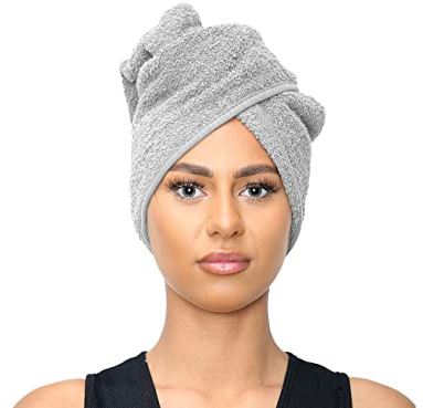 Sapphire Collection Serviette de Séchage pour Cheveux - 100% Pur Coton Éponge Doux, Turban Absorbant avec Boucle et Bouton pour Cheveux Longs (Argenté)