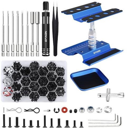 EPINON RC Car Stand RC Work Stand RC Car Repair Work Stand with RC Screwdriver Kit and 710 PCS RC Screws Kit and Screws Pallet for 1/8 1/10 1/12 1/16 1/18 RC Car Truck Crawler (Blue)