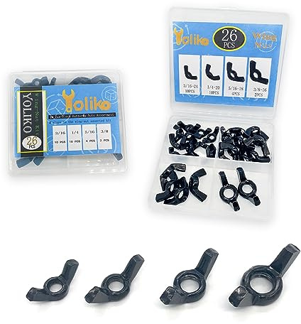 Yoliko 26 Pcs 4 Sizes 3/16,1/4,5/16,3/8 Wingnuts, Quality Carbon Steel Wing Nuts Black Zinc Plated Fasteners Parts Butterfly Nut, Hand Twist Tighten Hardware Nuts Butterfly Wing-Nut Assorted Kit