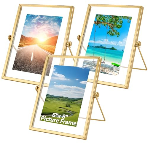 WOPPLXY 6x 8 Gold Floating Frames, Set of 3 Pressed Glass Floating Frames, Vertical Adjustable Tabletop/Shelf Photo Frame, Gold Floating Picture Frame for 5x7, 4x6, 3x5 Photo Tabletop Display