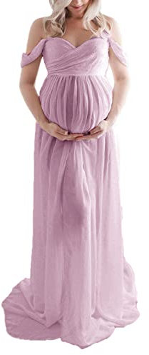 Loalirando Robe de Grossesse Shooting Photo en Mousseline de Soie Léger, Robe de Maternité Maxi-Longue Epaule Dénudée pour la Photographie (Rose Violet, L)