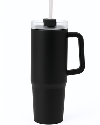 4you Design | Trinkflasche mit Strohhalm - 900 ml Thermobecher kühlt bis zu 12 Std. – isolierte Thermosflasche BPA-frei, geeignet für Kinder – 6 Std. Wärme - Edelstahl Tumbler Kaffeebecher in Schwarz