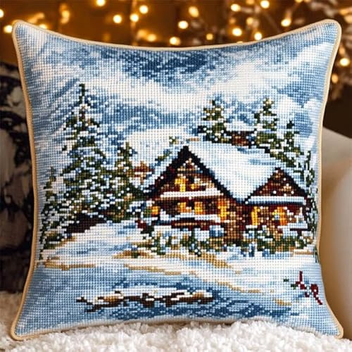 ANSIWEIGO Cuscino con gancio a scatto invernale con scena innevata, kit fai da te per ricamo, filato acrilico spesso, per lavori all'uncinetto, per hobby e artigianato, 43 x 43 cm